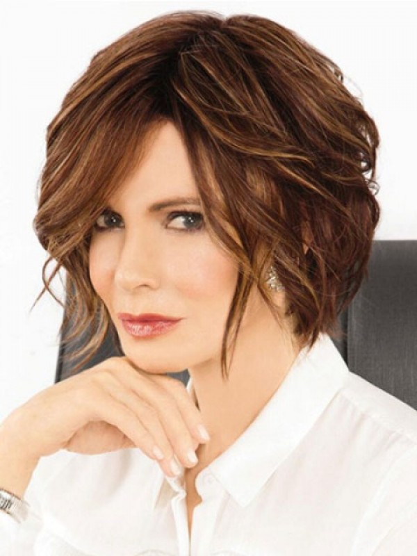 Parrucche Per Capelli Umani Senza Cappuccio Ondulate Corte Stile Bob Marrone Con Frangia Laterale 10 Pollici