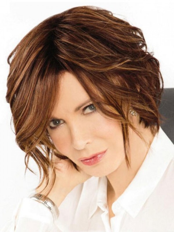 Parrucche Per Capelli Umani Senza Cappuccio Ondulate Corte Stile Bob Marrone Con Frangia Laterale 10 Pollici