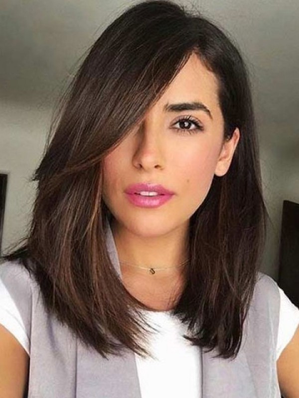 Parrucche Di Capelli Umani Senza Cappuccio Medi Diritti Con Frangia Laterale 14 Pollici