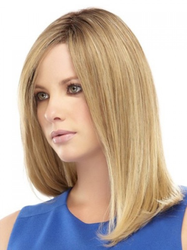Parrucche Per Capelli Umani Remy Con Pizzo Dritto Lungo Biondo Con Frangia Laterale 14 Pollici
