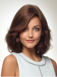 Parrucche Senza Cappuccio Ondulate Con Capelli Corti Stile Bob Marrone Con Frangia Laterale 14 Pollici