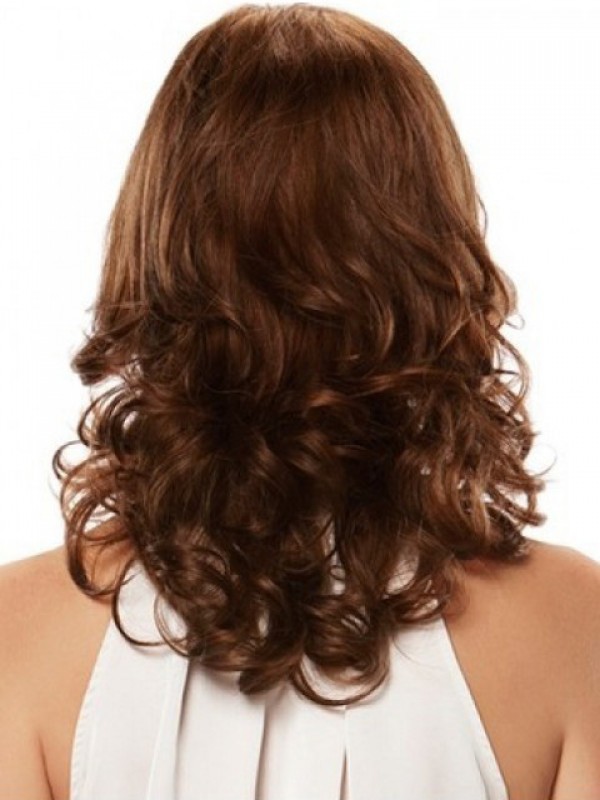 Parrucche Di Capelli Umani Di Remy Con Pizzo Ondulato Marrone Lungo A Strati Con Frangia Laterale 16 Pollici