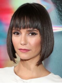 Parrucche Umane In Pizzo Pieno Stile Bob Corto Dritto Nina Dobrev Con Frangetta 12 Pollici