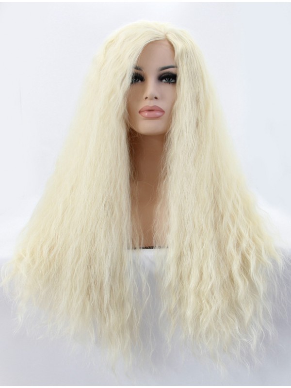Parrucche Sintetiche Lunghe Bionde Ricci Mit Dem Pony Con Pizzo Frontale