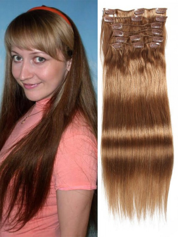 Clip Di Estensioni Dei Capelli Vergini Castano Chiaro Da 115 G Nei Capelli 8 Pezzi / Set