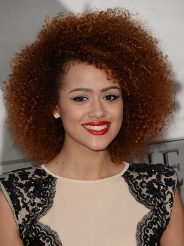 Parrucca Per Capelli Umani Senza Cappuccio Ricci Medi Afro Con Frangia Laterale 14 Pollici