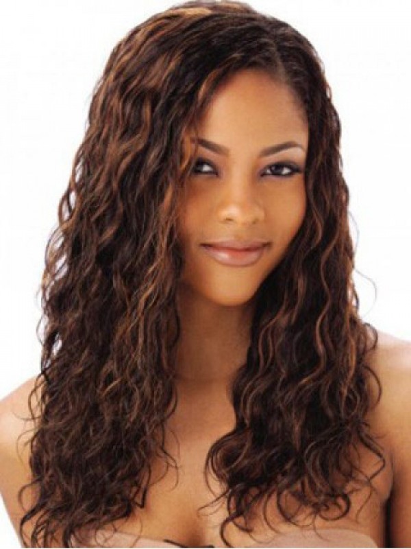 Parrucca Di Capelli Umani Afro-Capelli Lunghi Ricci In Pizzo Con Frangia Laterale 22 Pollici