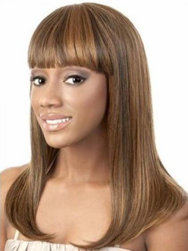 Capelli Umani Senza Cappuccio Lunghi Dritti Afroamericani Con Frangetta 18 Pollici