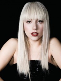 Parrucche Sintetiche Senza Cappuccio Lady Gaga Bianche Lunghe E Dritte Con Frangia