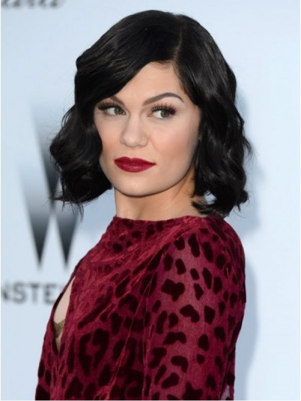 Parrucche Di Capelli Umani Monofilamento Ondulati Corti Stile Jessie J Bob Con Frangia Laterale