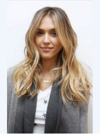 Jessica Alba Parrucche Per Capelli Umani Senza Cappuccio Con Scollatura Centrale Ondulata Lunga