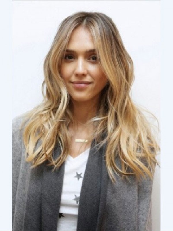 Jessica Alba Parrucche Per Capelli Umani Senza Cappuccio Con Scollatura Centrale Ondulata Lunga