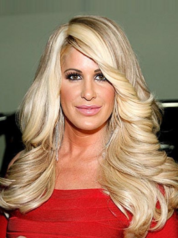 Parrucca Sintetica Senza Cappuccio Ondulata Lunga Kim Zolciak Con Frangia Laterale