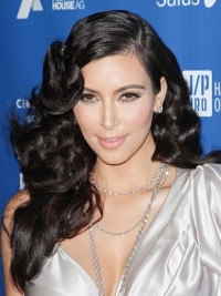 Parrucche Sintetiche In Pizzo Pieno Riccio Nero Lungo Kim Kardashian Con Frangia Laterale