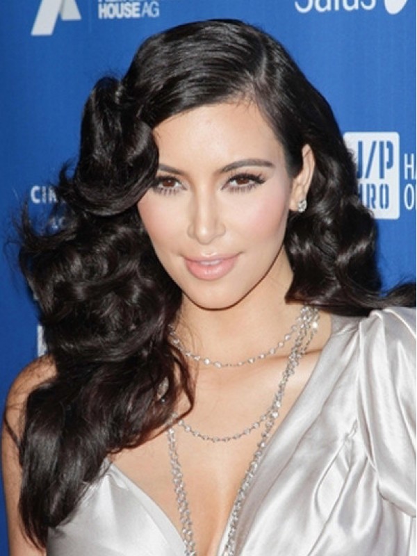 Parrucche Sintetiche In Pizzo Pieno Riccio Nero Lungo Kim Kardashian Con Frangia Laterale