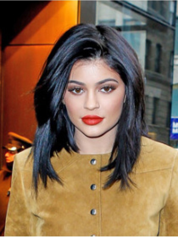 Parrucca Sintetica Senza Cappuccio Kylie Jenner Nera Media Con Frangia Laterale