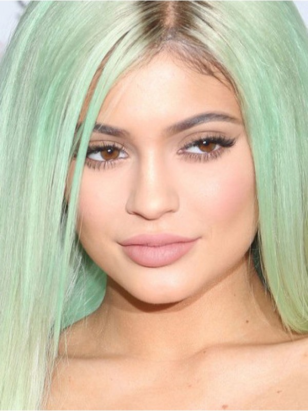Parrucche Sintetiche Senza Cappuccio Lunghe Dritte Di Kylie Jenner Verde Chiaro Con Frangia Laterale