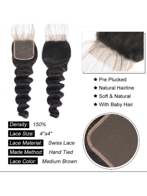 Capelli Peruviani Sciolti A Onda Profonda 4 * 4 Chiusura In Pizzo