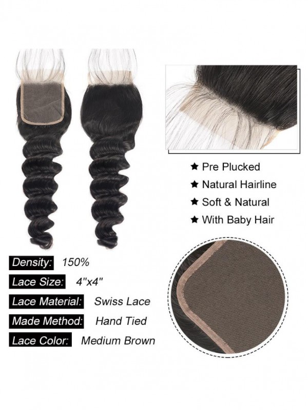 Capelli Umani Brasiliani Sciolti Onda Profonda 4X4 Chiusura In Pizzo 1Pz