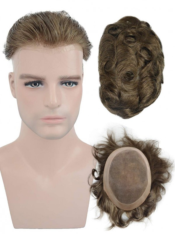 8" x 10" Toupee In Pelle Sottile Per Uomo Vero Parrucchino Umano