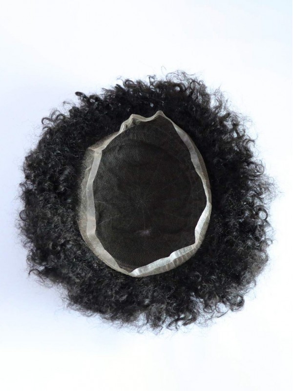 1B Off Black Human Hair Mens Toupee Afro Ricci