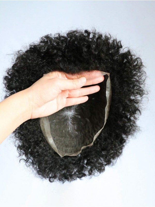 1B Off Black Human Hair Mens Toupee Afro Ricci