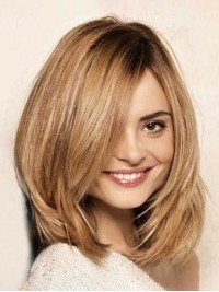 Parrucche Per Capelli Umani Senza Cappuccio Corti E Dritti A Strati Con Frangia Laterale 12 Pollici