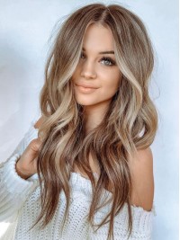 Parrucche Per Capelli Umani Senza Cappuccio Con Separazione Centrale Ondulata Lunga Ombre 22 Pollici