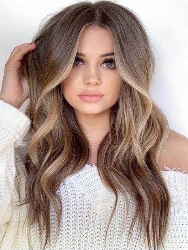 Parrucche Per Capelli Umani Senza Cappuccio Con Separazione Centrale Ondulata Lunga Ombre 22 Pollici