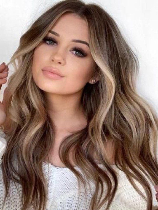 Parrucche Per Capelli Umani Senza Cappuccio Con Separazione Centrale Ondulata Lunga Ombre 22 Pollici