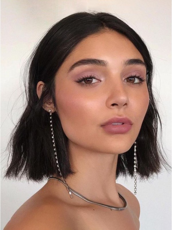Parrucche Per Capelli Umani Senza Cappuccio Ondulate Corte Con Riga Centrale Stile Bob 10 Pollici