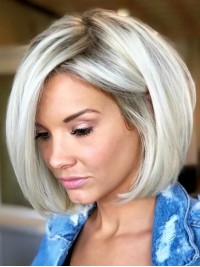 Parrucche Per Capelli Umani Senza Cappuccio Corti Stile Bob Grigio Con Frangia Laterale 12 Pollici