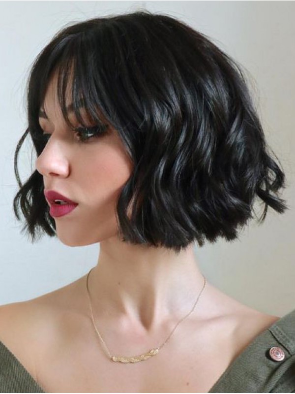 Parrucche Per Capelli Umani Senza Cappuccio Ondulate Corte Stile Bob Nero Con Frangetta 10 Pollici