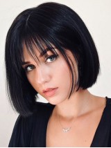 Parrucche Per Capelli Umani Con Parte Anteriore In Pizzo Nero Corto Stile Bob Con Frangetta 10 Pollici