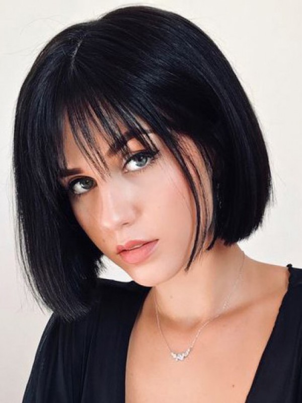 Parrucche Per Capelli Umani Con Parte Anteriore In Pizzo Nero Corto Stile Bob Con Frangetta 10 Pollici
