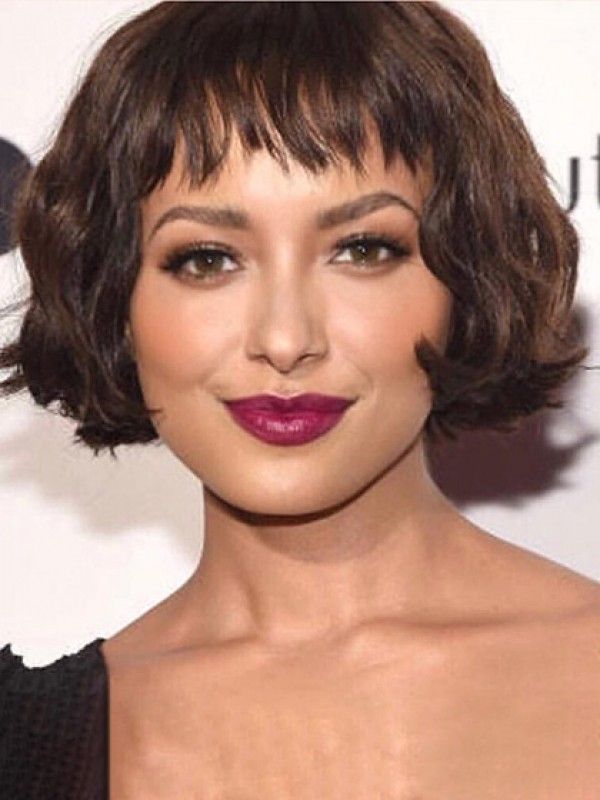 Parrucche Per Capelli Umani Senza Cappuccio Ondulate Corte Stile Bob Con Frangetta 8 Pollici