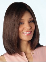 Parrucche Per Capelli Umani A Media Lunghezza Dritta In Stile Bob Marrone Con Separazione Centrale 14 Pollici