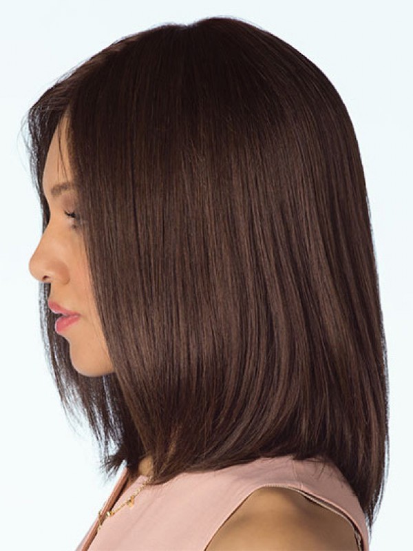 Parrucche Per Capelli Umani A Media Lunghezza Dritta In Stile Bob Marrone Con Separazione Centrale 14 Pollici