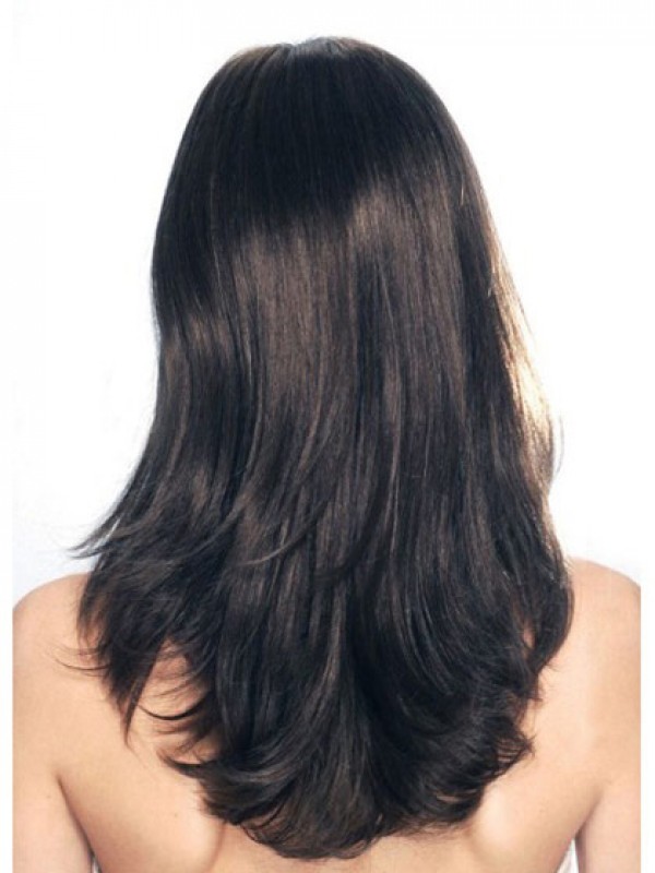 Parrucche Di Capelli Umani Senza Cappuccio Lunghi Neri Diritti Con Frangia Laterale 16 Pollici